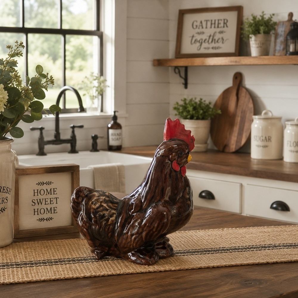 Vintage‎ Ceramic Brown Rooster Figurine Red Comb Yellow Beak Farmhouse Decor